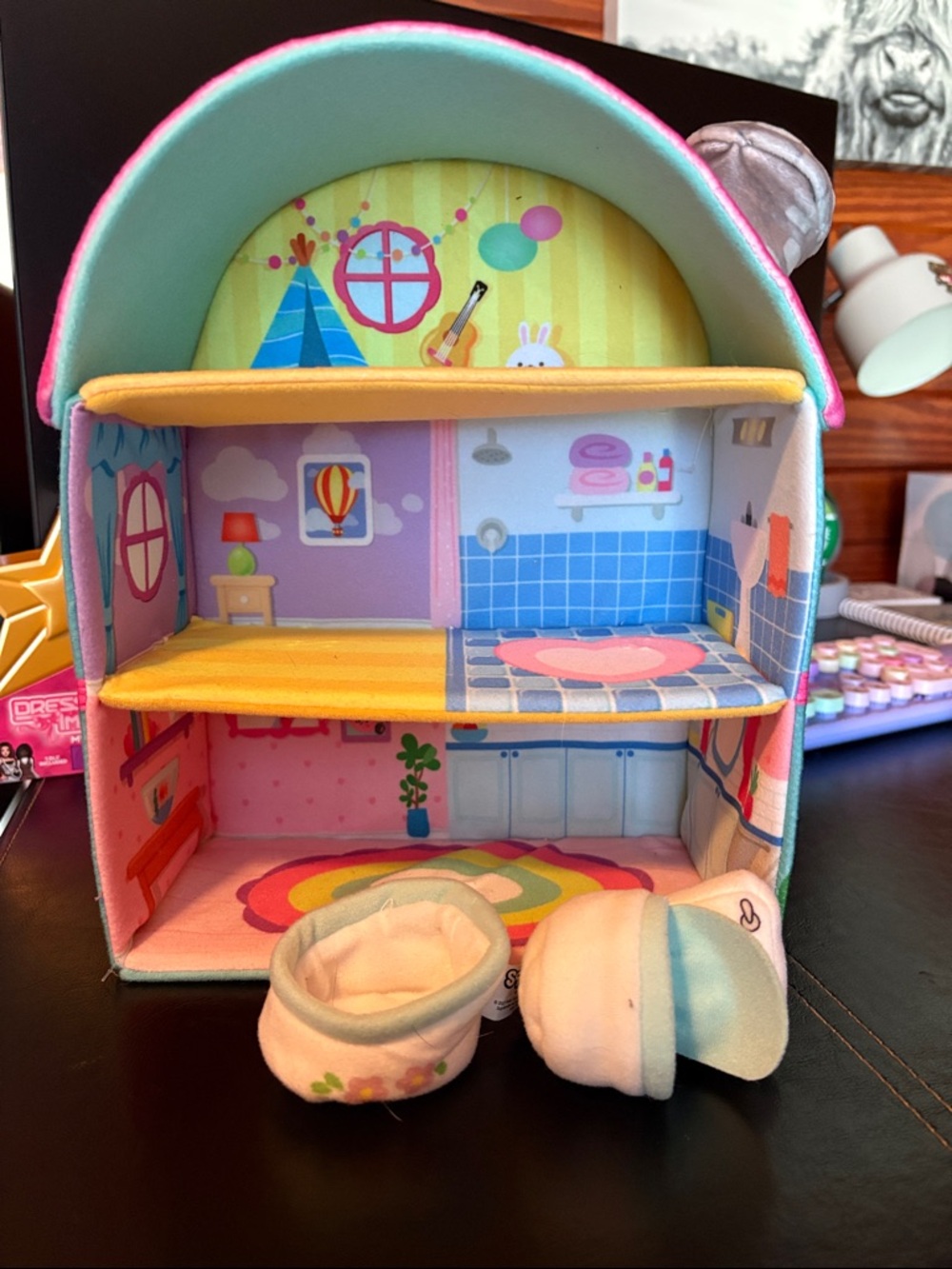 Plush Playhouse Dollhouse with Pink, Teal, Yellow Interior